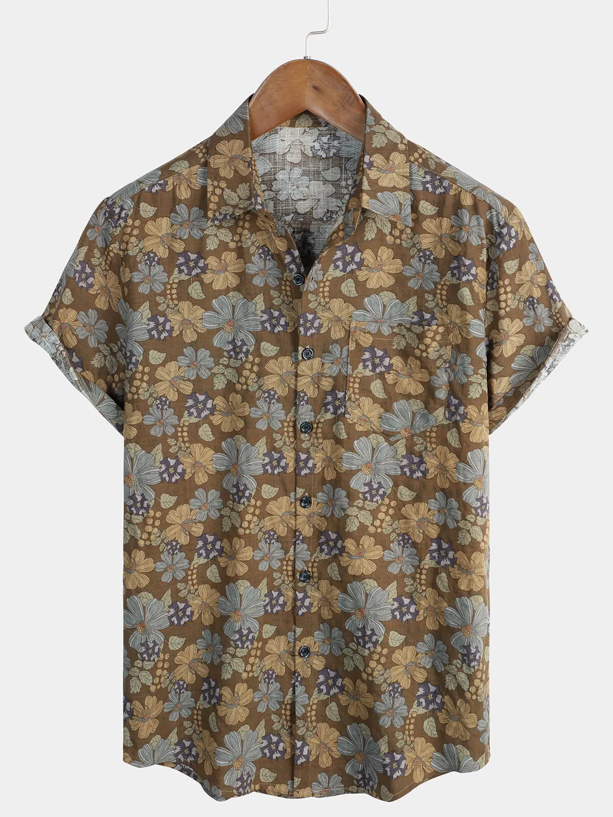 Men's Grey Floral Hawaiian Vintage Beach Button Up Summer Shirt