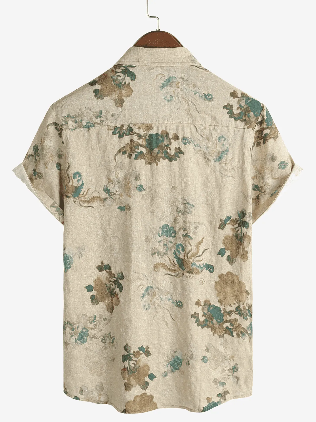 Men's Khaki Floral Vintage Short Sleeve Retro Summer Cotton Button Up Shirt