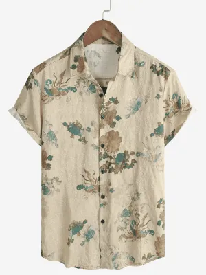 Men's Khaki Floral Vintage Short Sleeve Retro Summer Cotton Button Up Shirt