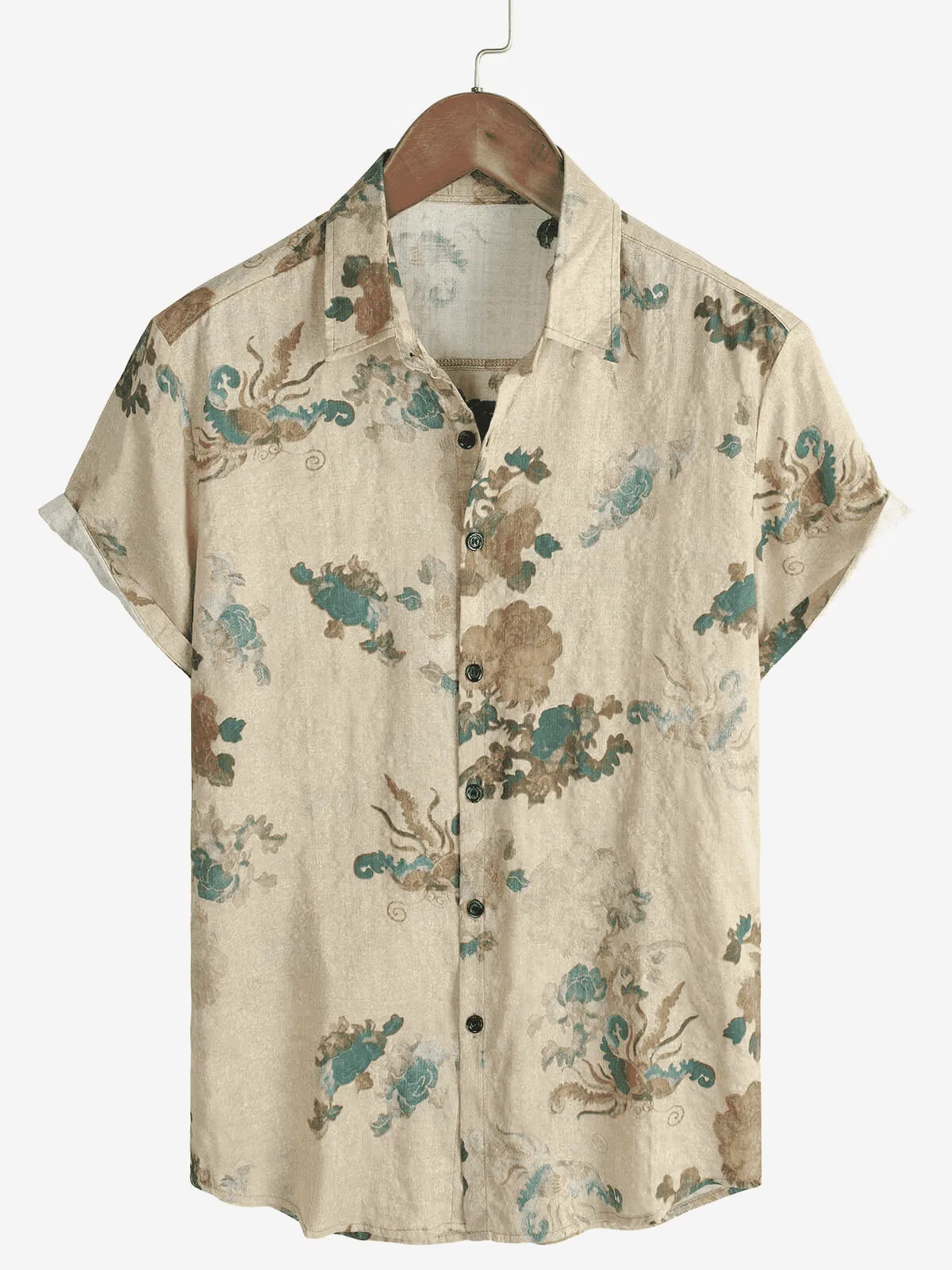 Men's Khaki Floral Vintage Short Sleeve Retro Summer Cotton Button Up Shirt