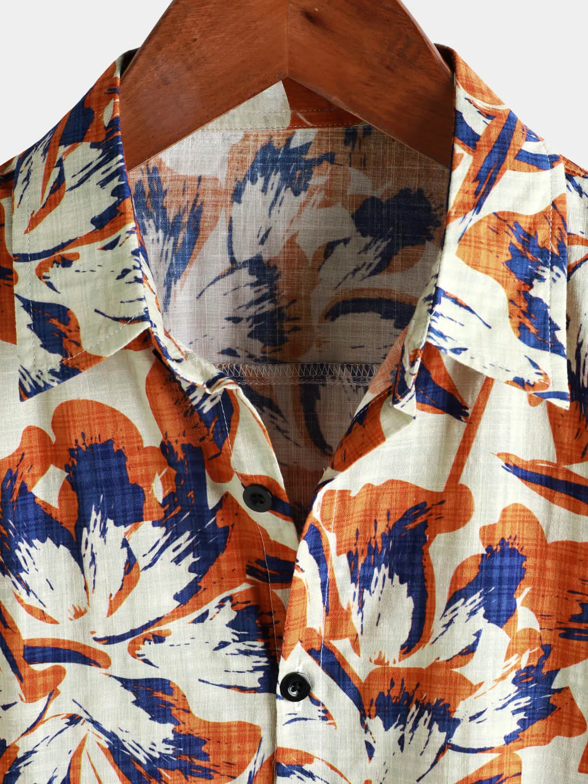Men's Retro Floral Orange Short Sleeve Button Up Shirt