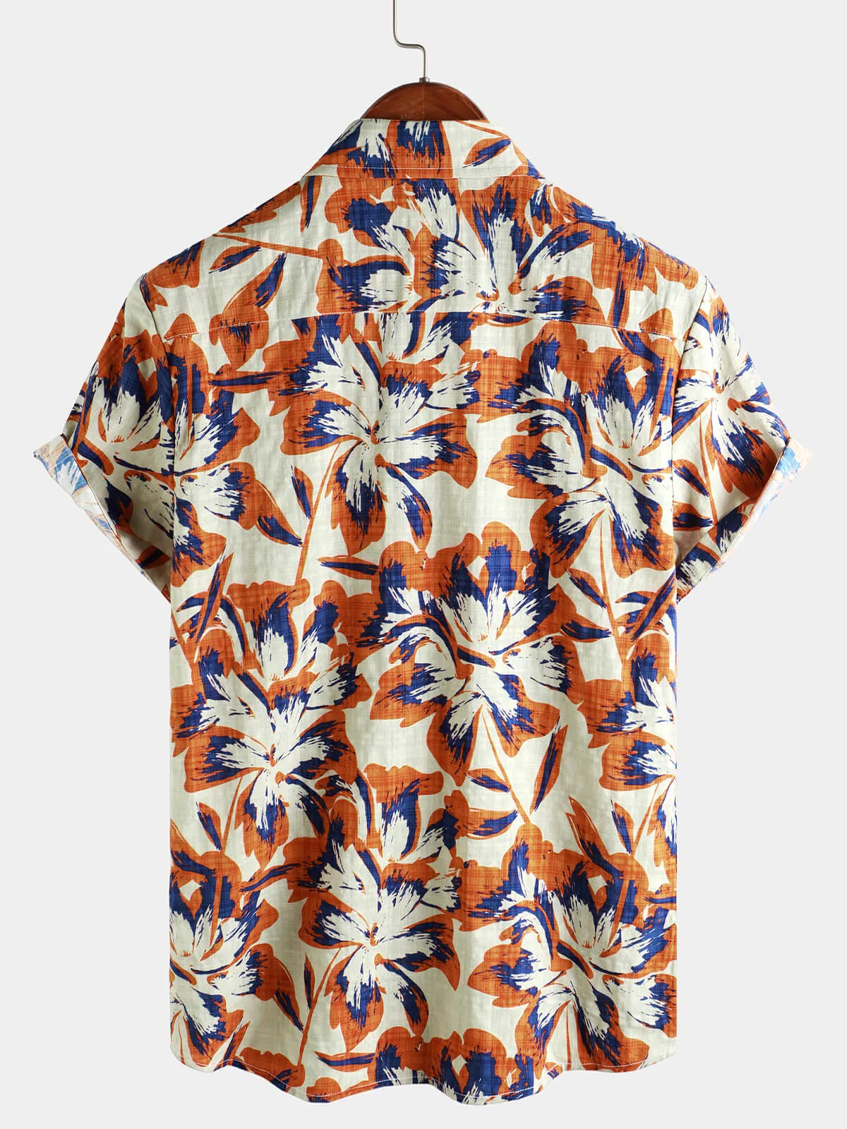 Men's Retro Floral Orange Short Sleeve Button Up Shirt