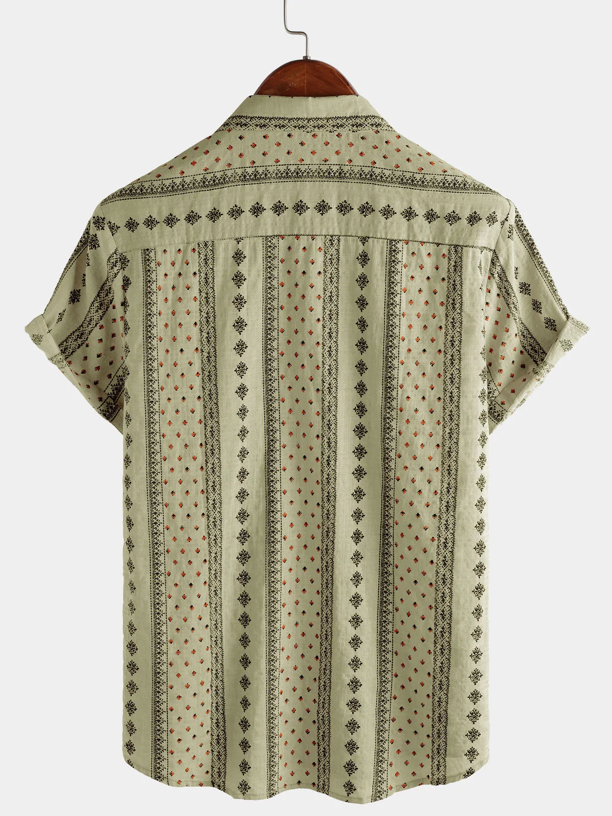 Men's Retro Khaki Striped Print Button Up 70s Vintage Short Sleeve Shirt