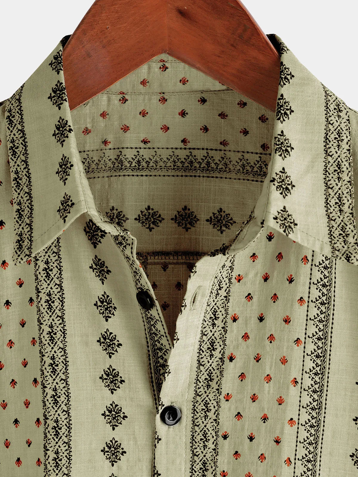 Men's Retro Khaki Striped Print Button Up 70s Vintage Short Sleeve Shirt