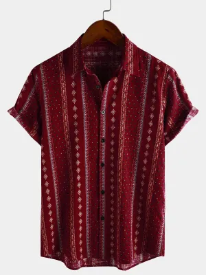 Men's Retro Striped Print Button Up 70s Vintage Short Sleeve Shirt