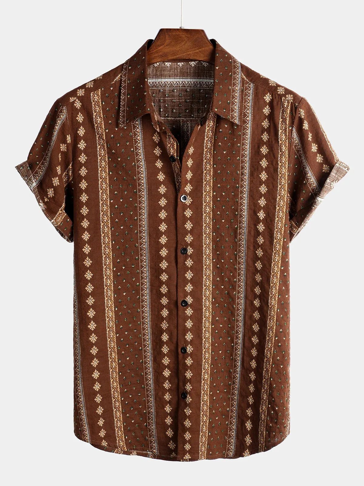 Men's Retro Striped Print Button Up 70s Vintage Short Sleeve Shirt
