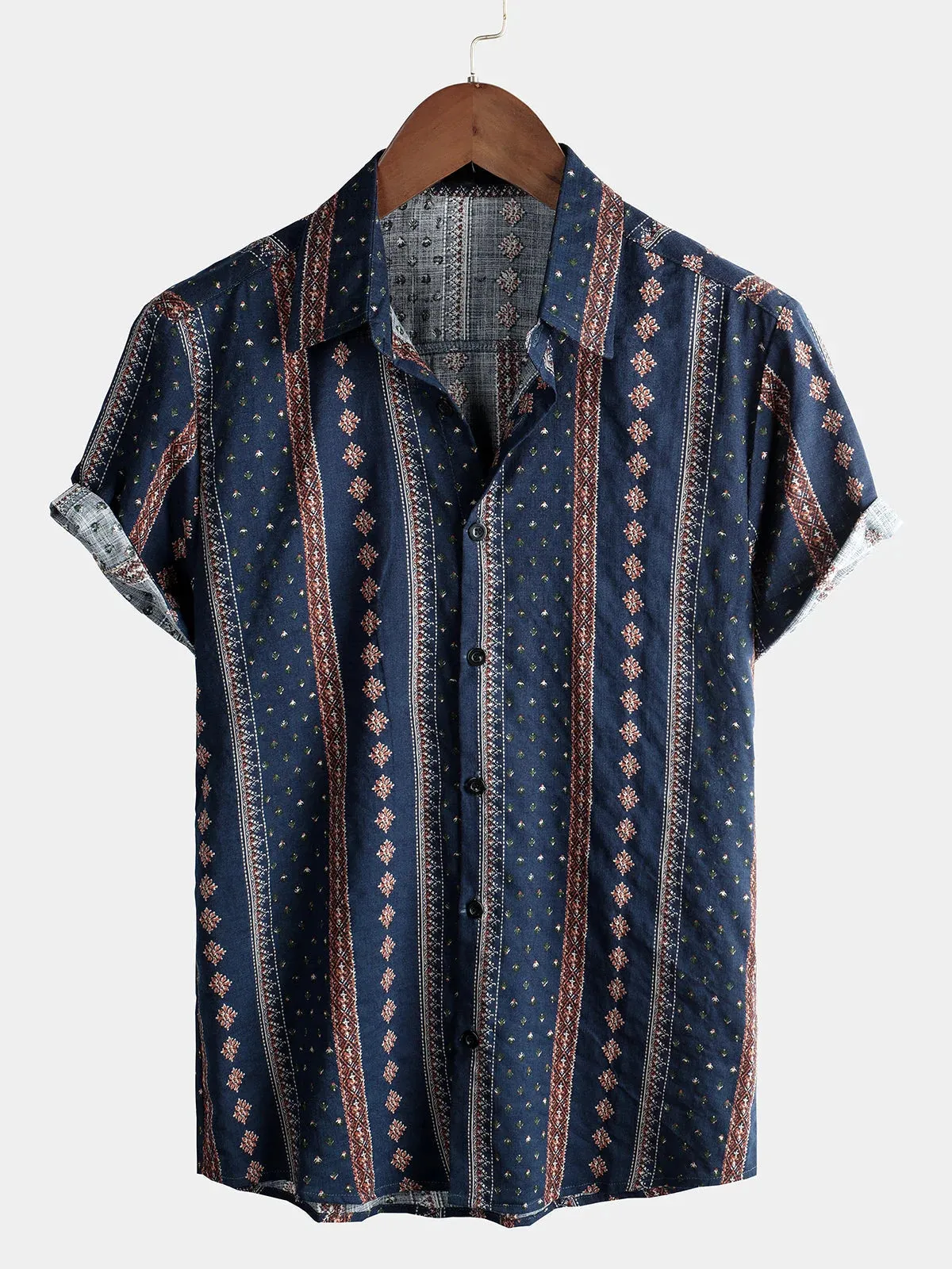 Men's Retro Striped Print Button Up 70s Vintage Short Sleeve Shirt