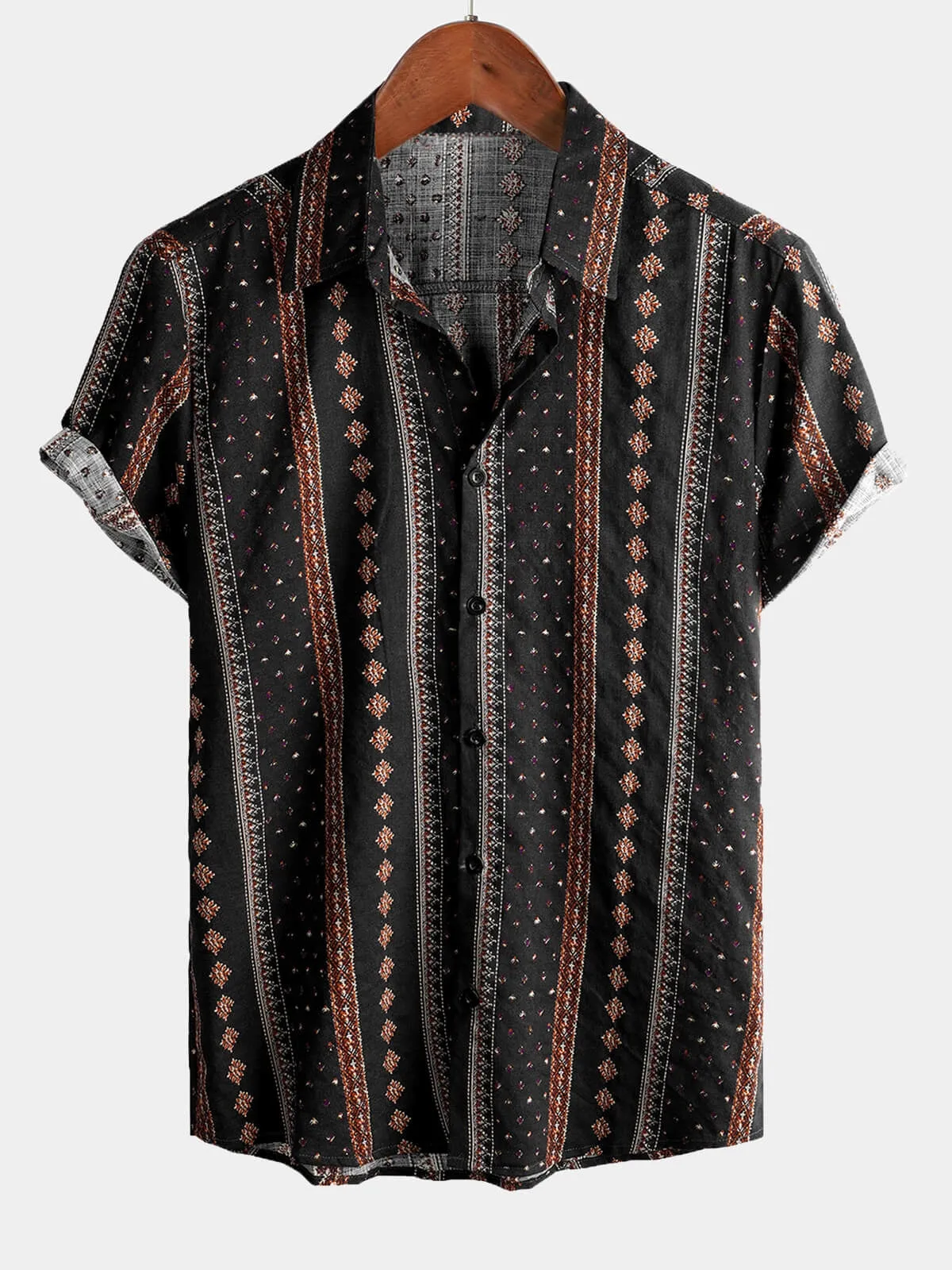Men's Retro Striped Print Button Up 70s Vintage Short Sleeve Shirt