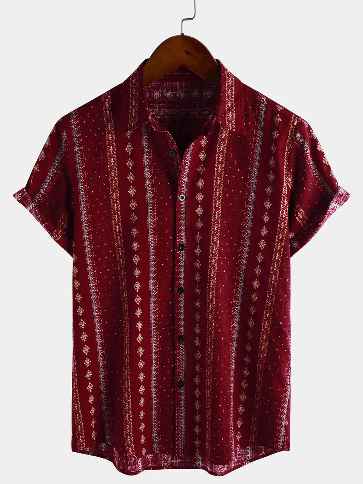 Men's Retro Striped Print Button Up 70s Vintage Short Sleeve Shirt
