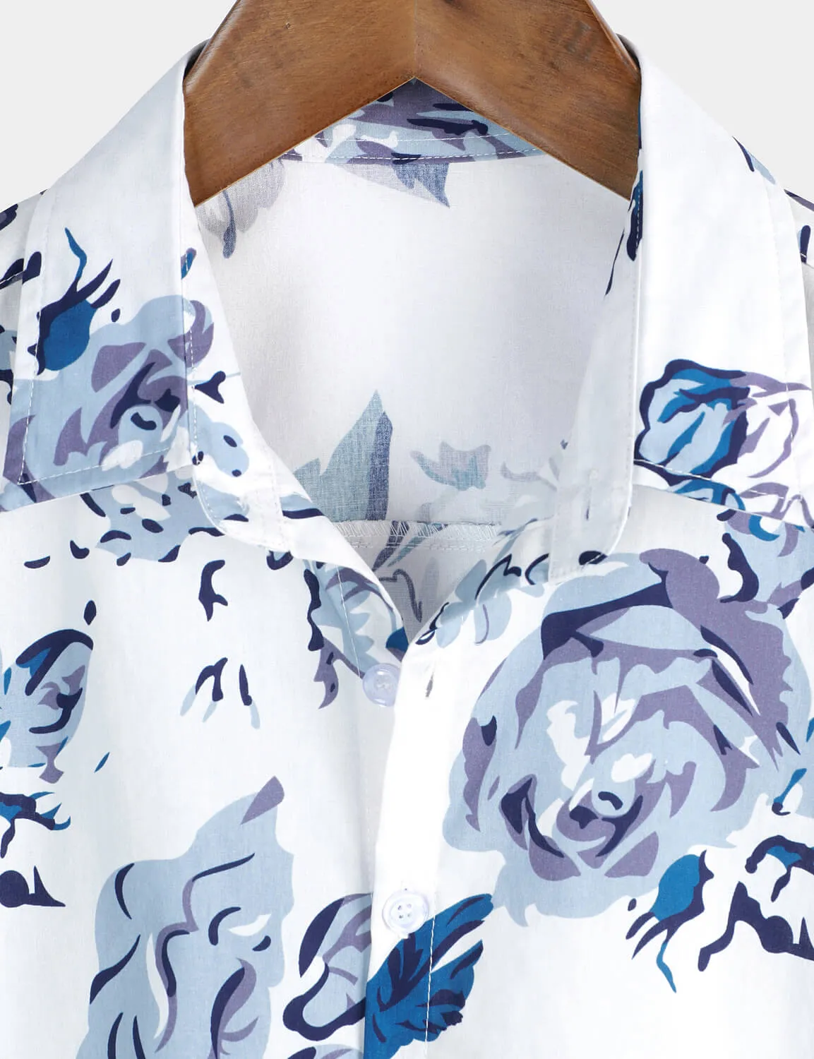 Men's Rose Cotton Beach Blue Floral Button Up Summer Shirt