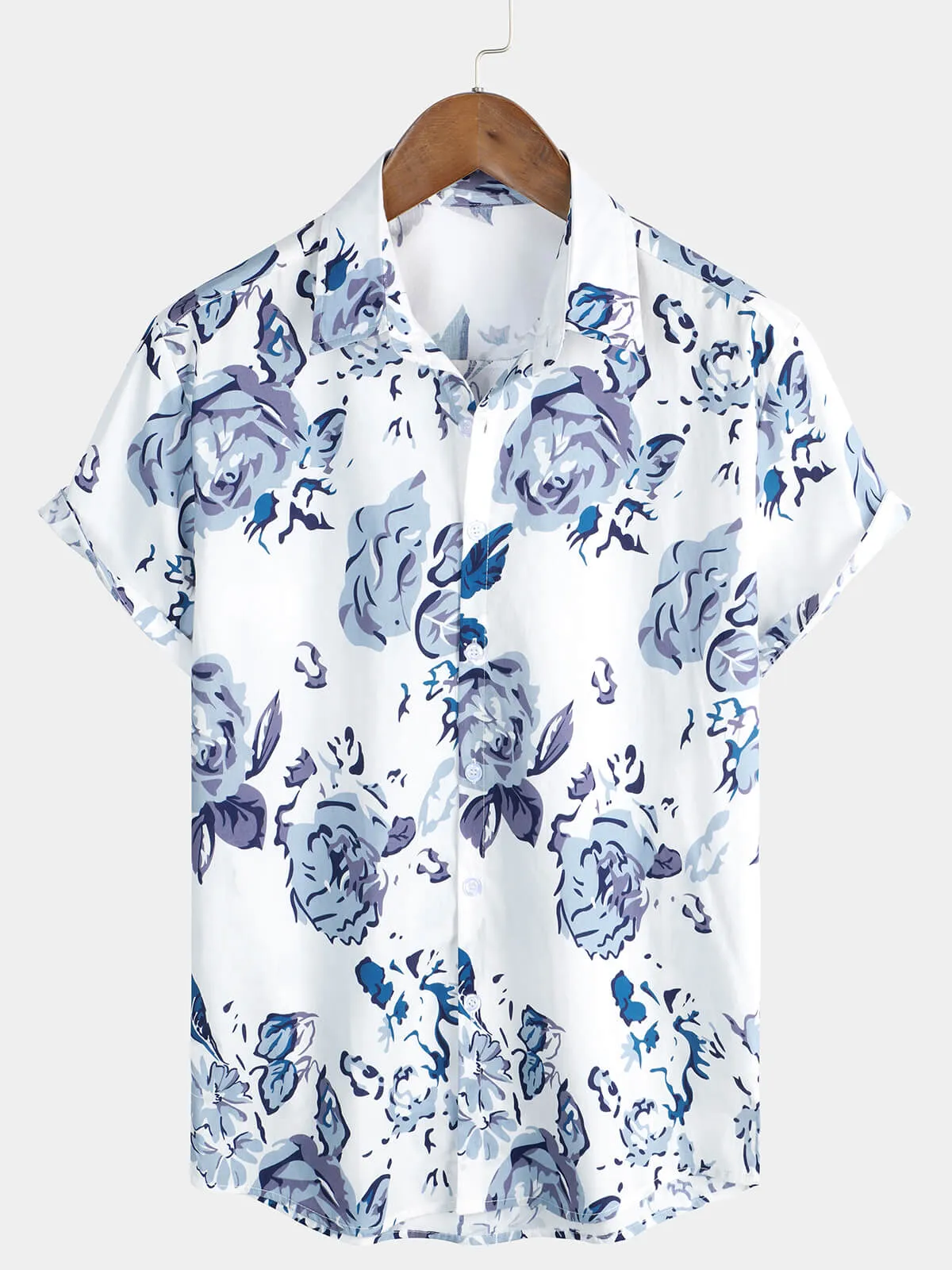 Men's Rose Cotton Beach Blue Floral Button Up Summer Shirt