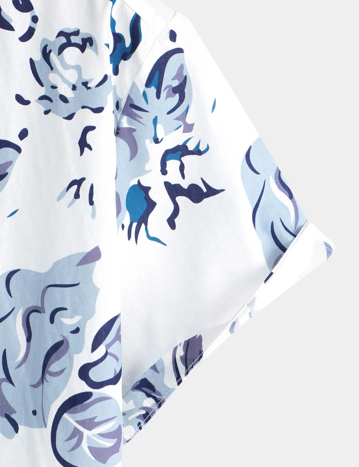Men's Rose Cotton Beach Blue Floral Button Up Summer Shirt