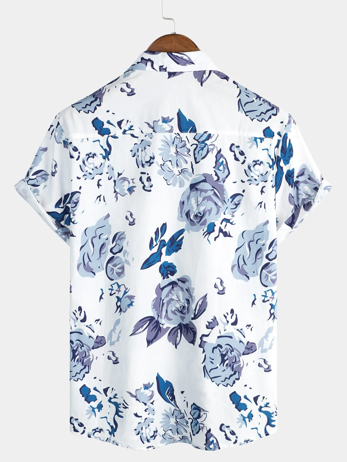 Men's Rose Cotton Beach Blue Floral Button Up Summer Shirt