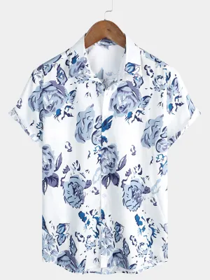 Men's Rose Cotton Beach Blue Floral Button Up Summer Shirt