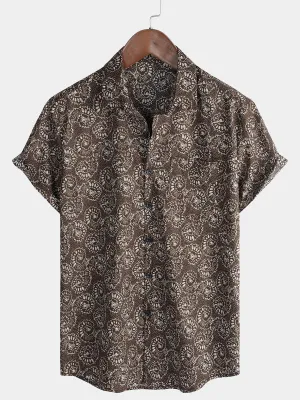 Men's Short Sleeve Button Up Cotton Shell Summer Retro Shirt