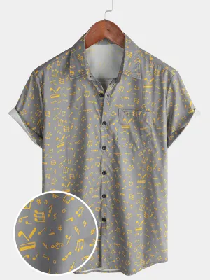 Men's Short Sleeve Holiday Summer Music Festival Funny Button Up Cotton Shirt