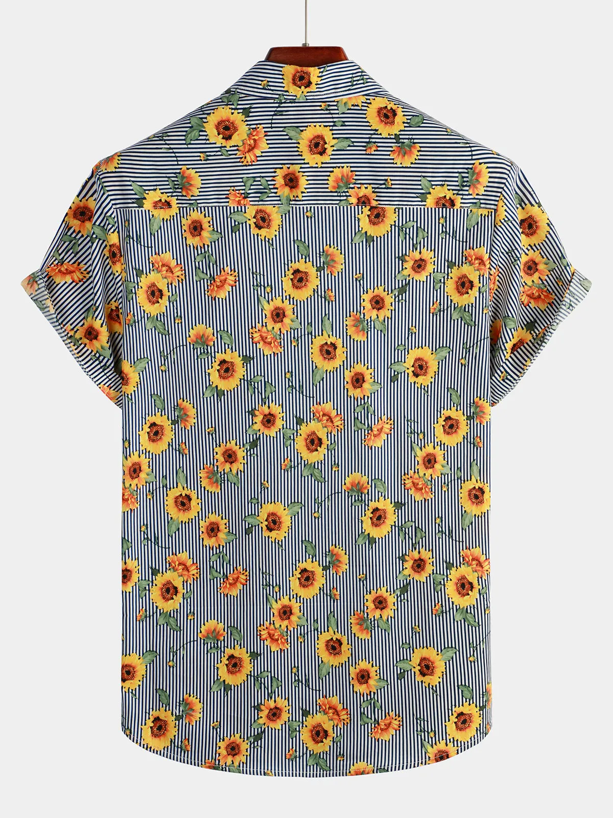 Men's Striped & Floral Sunflower Print Short Sleeve Hawaiian Shirt