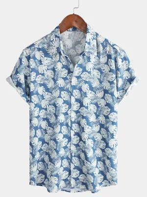 Men's Summer Blue Tropical Print Holiday Button Up Hawaiian Short Sleeve Shirt