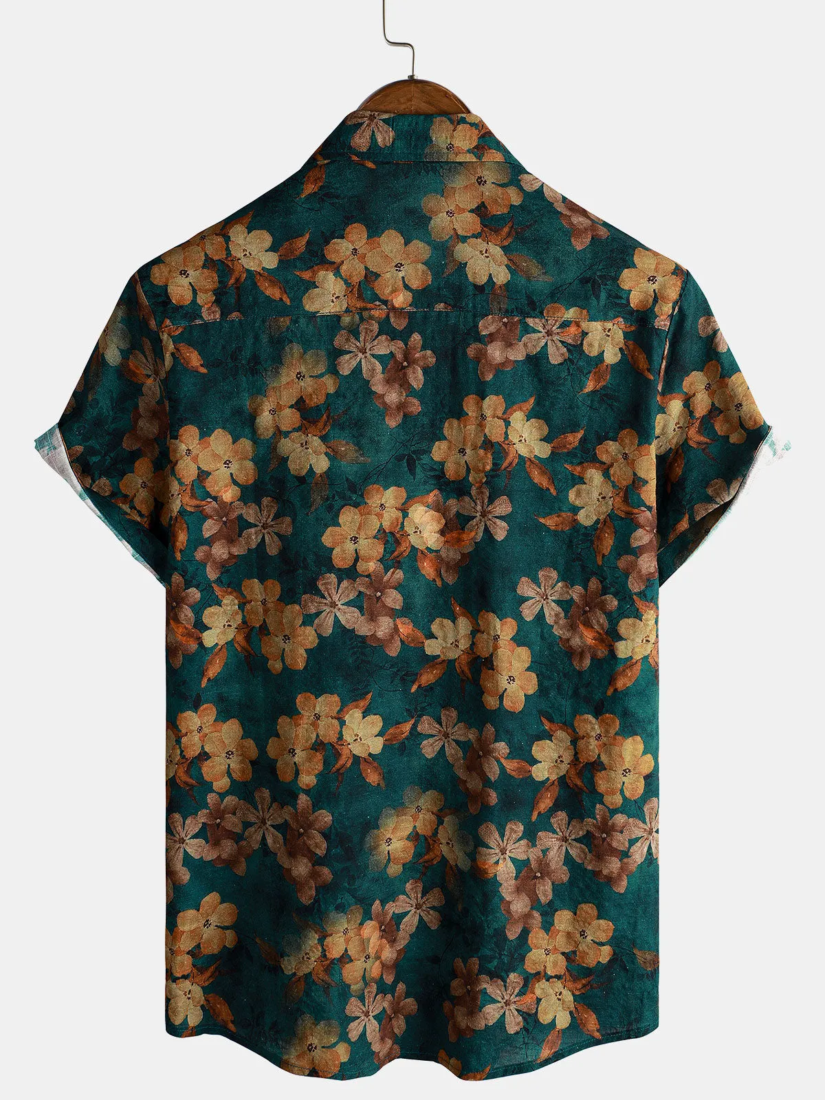 Men's Summer Floral Green Short Sleeve Button Up Shirt