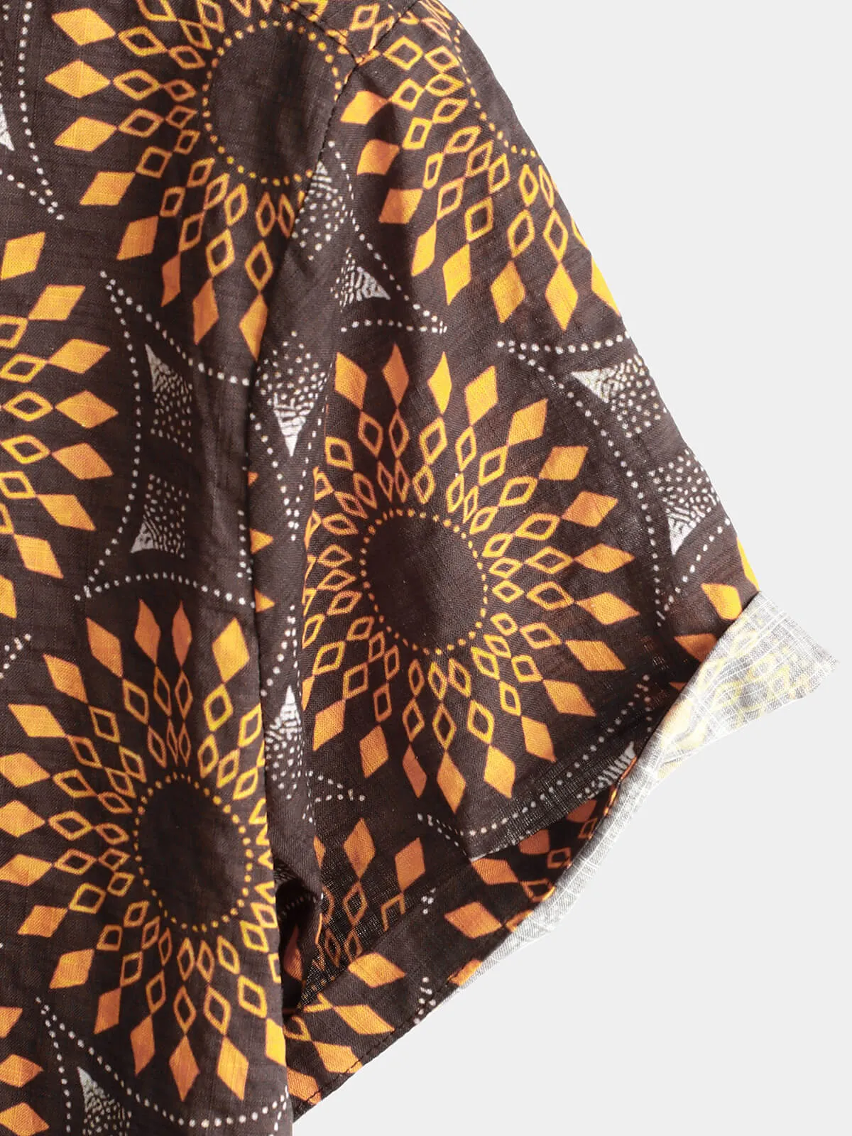 Men's Vintage Cotton 70s Leisure Brown Floral Retro Western Short Sleeve Button Up Shirt