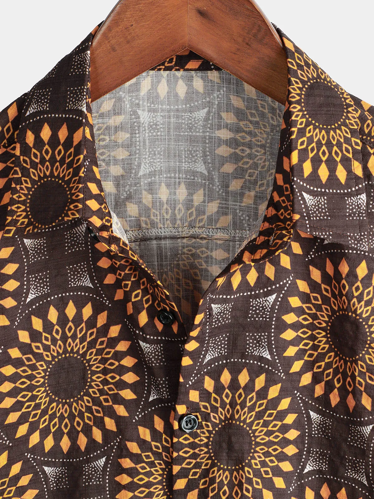 Men's Vintage Cotton 70s Leisure Brown Floral Retro Western Short Sleeve Button Up Shirt