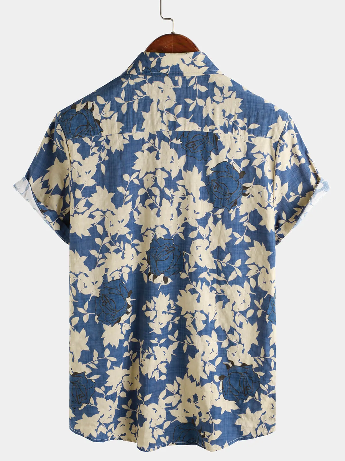 Men's Vintage Floral Blue Casual Beach Short Sleeve Shirt