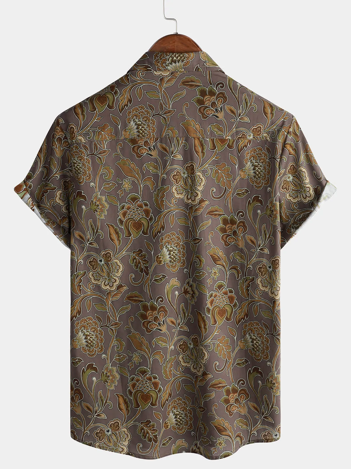 Men's Vintage Floral Holiday Casual Brown Short Sleeve Button Up Shirt