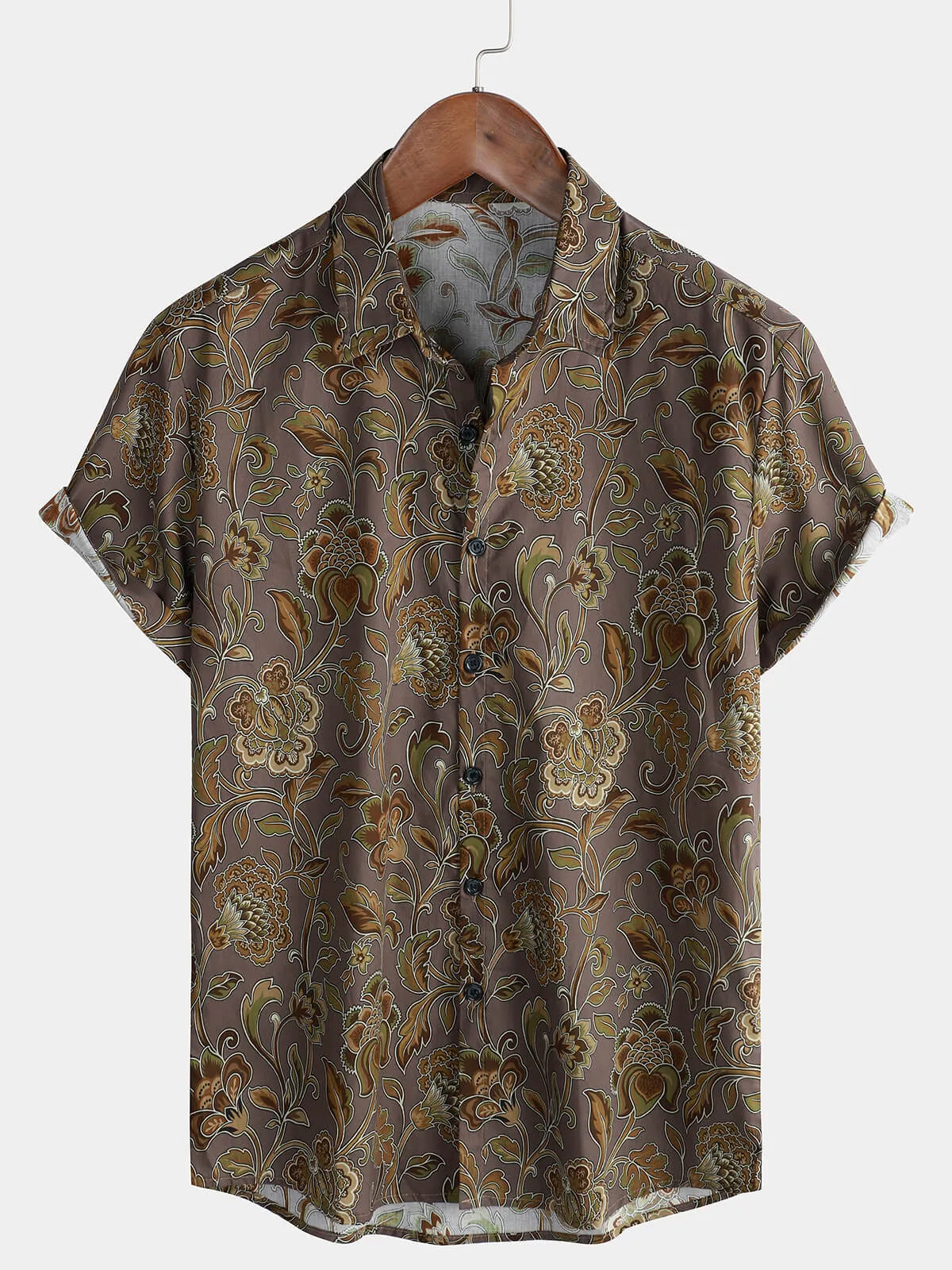 Men's Vintage Floral Holiday Casual Brown Short Sleeve Button Up Shirt