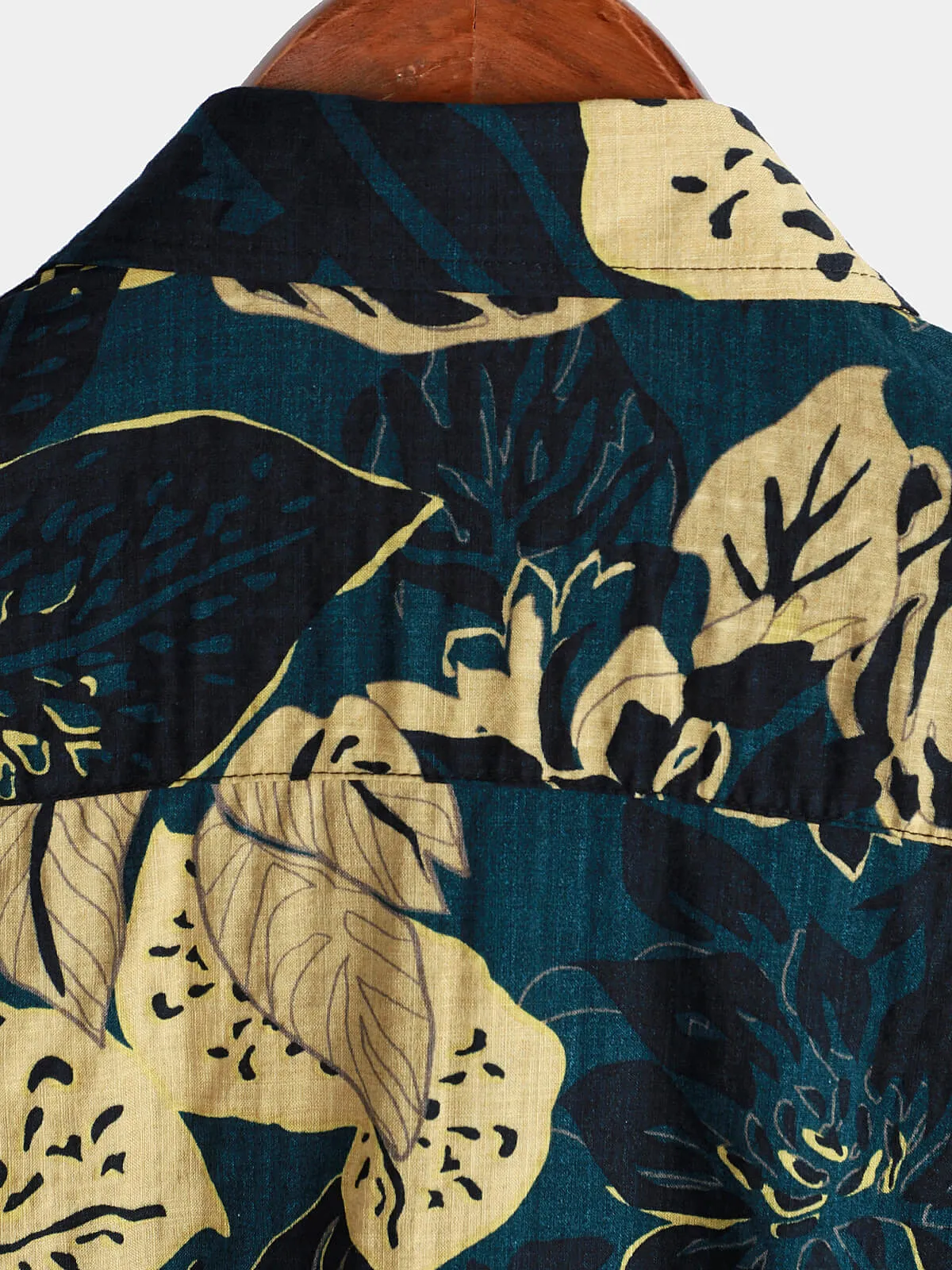 Men's Vintage Floral Leaf  Print Pocket Summer Short Sleeve Lapel Shirt