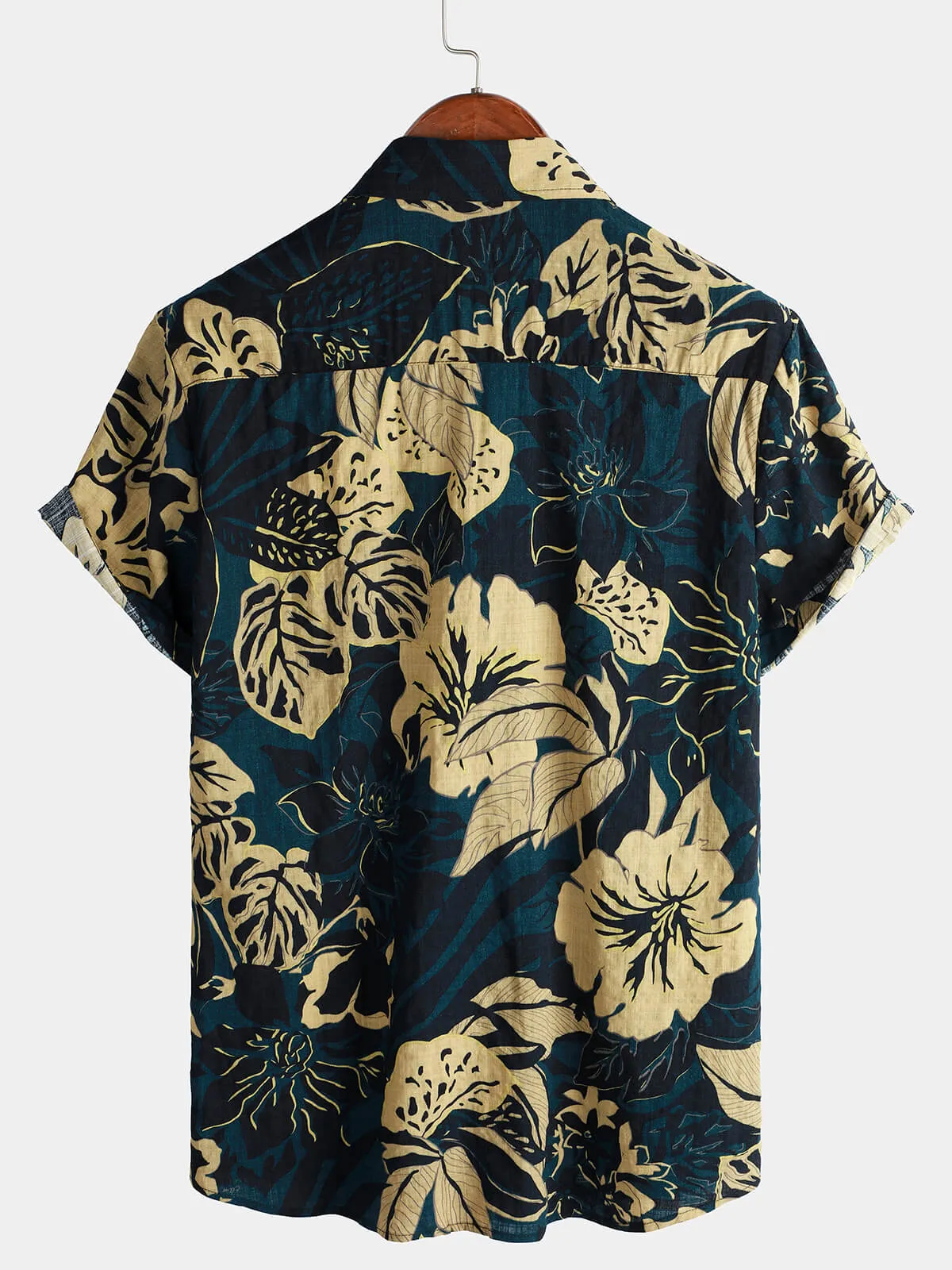 Men's Vintage Floral Leaf  Print Pocket Summer Short Sleeve Lapel Shirt