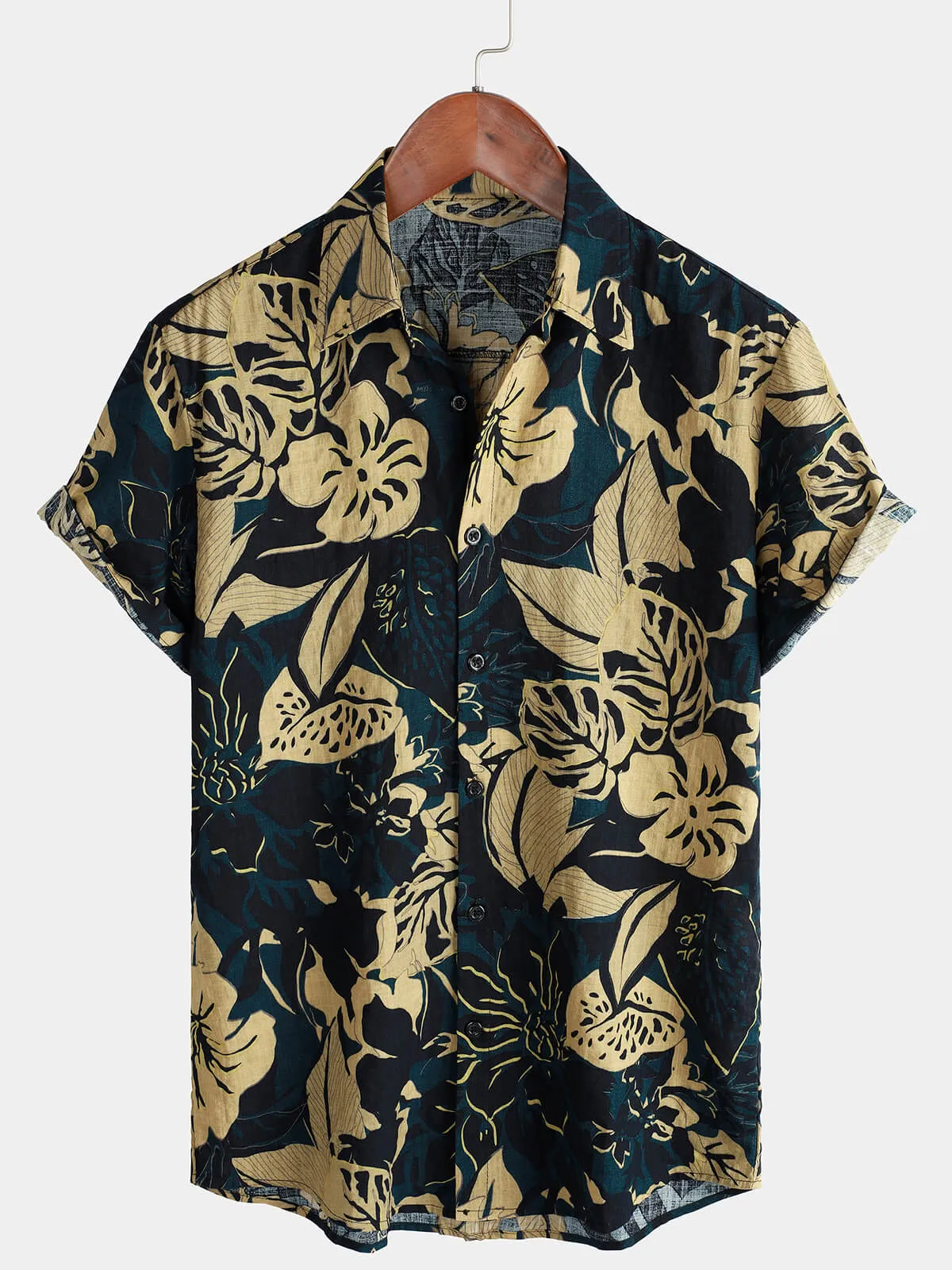 Men's Vintage Floral Leaf  Print Pocket Summer Short Sleeve Lapel Shirt