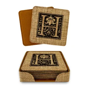 Monogram Personalized Coaster Set of 6 Rustic Burlap Vintage Home Decor for Kitchen