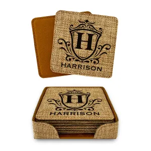 Monogram Personalized Coaster Set of 6 Rustic Burlap Vintage Home Decor for Kitchen