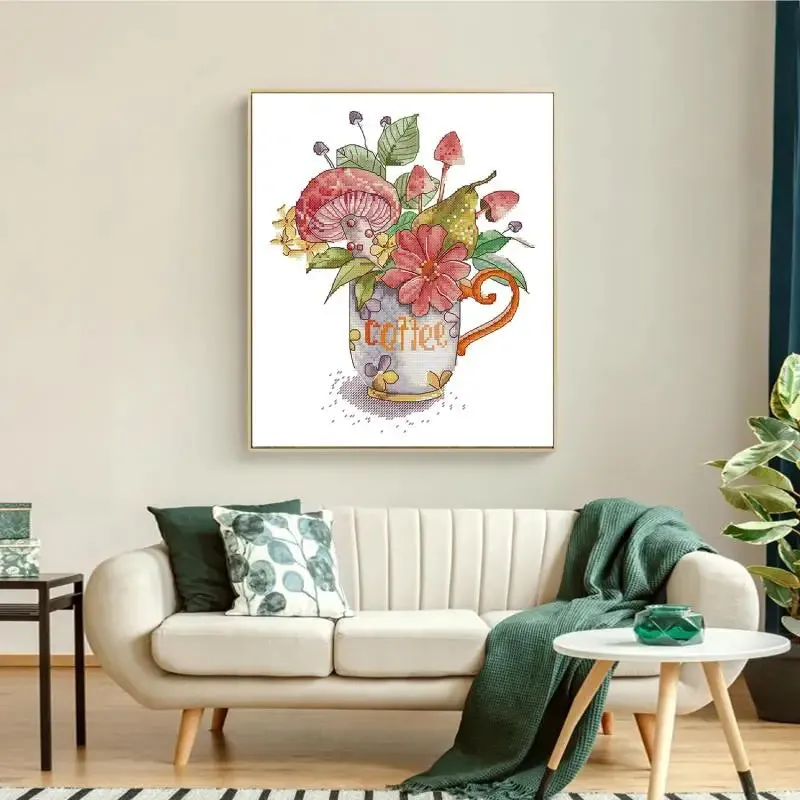 Mushroom Coffee Cup Pattern Cross Stitch Kit 14CT Counted