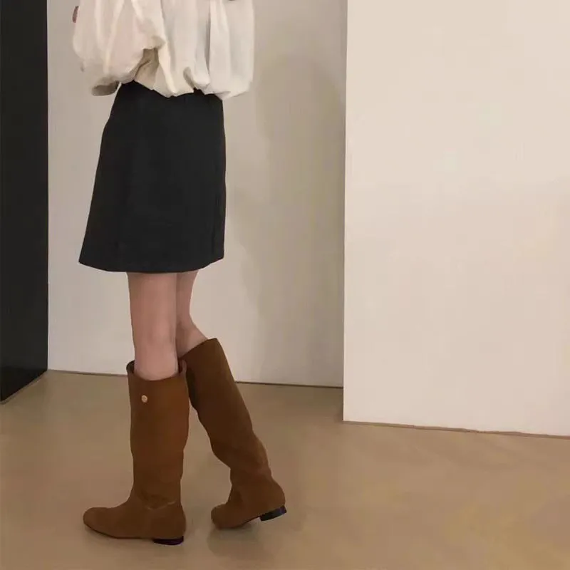 NEW & INSTOCK - Korean Leather Cowhide Suede Boots Knee-High Boots in Light and Dark Brown