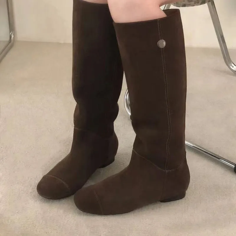 NEW & INSTOCK - Korean Leather Cowhide Suede Boots Knee-High Boots in Light and Dark Brown