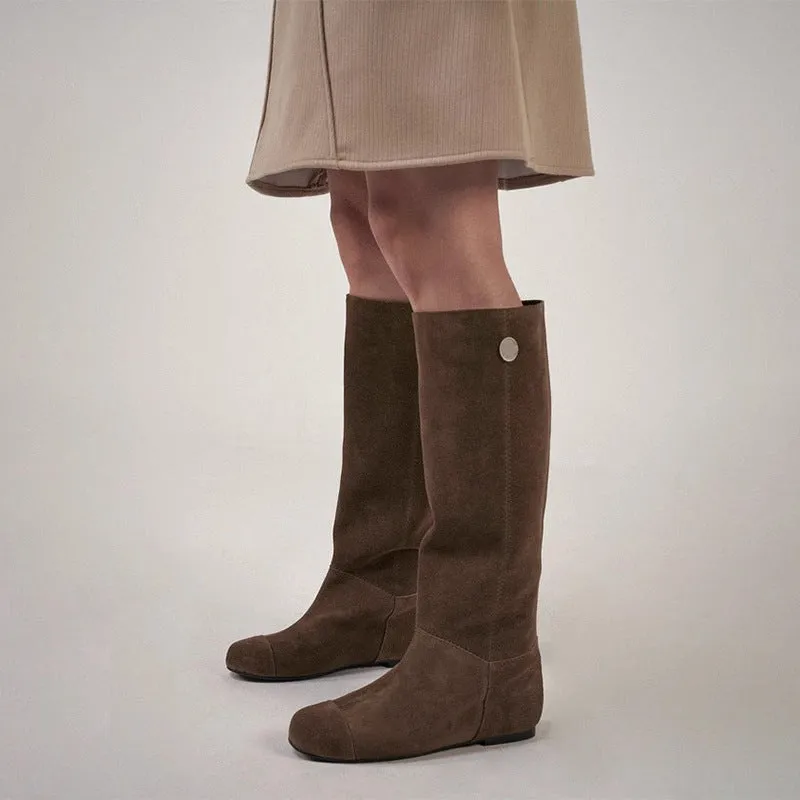 NEW & INSTOCK - Korean Leather Cowhide Suede Boots Knee-High Boots in Light and Dark Brown
