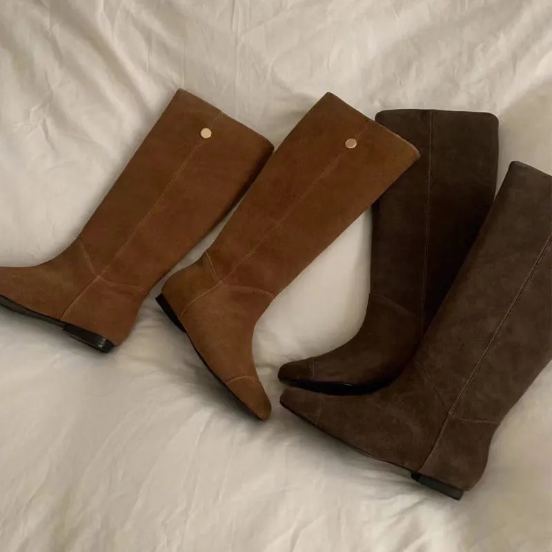 NEW & INSTOCK - Korean Leather Cowhide Suede Boots Knee-High Boots in Light and Dark Brown