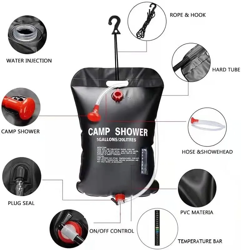New Camping Shower Bag, 5Gallons/20L Portable Shower Bag with Removable Hose and On-Off Switchable Shower Head for Camping Outdoor Travelling