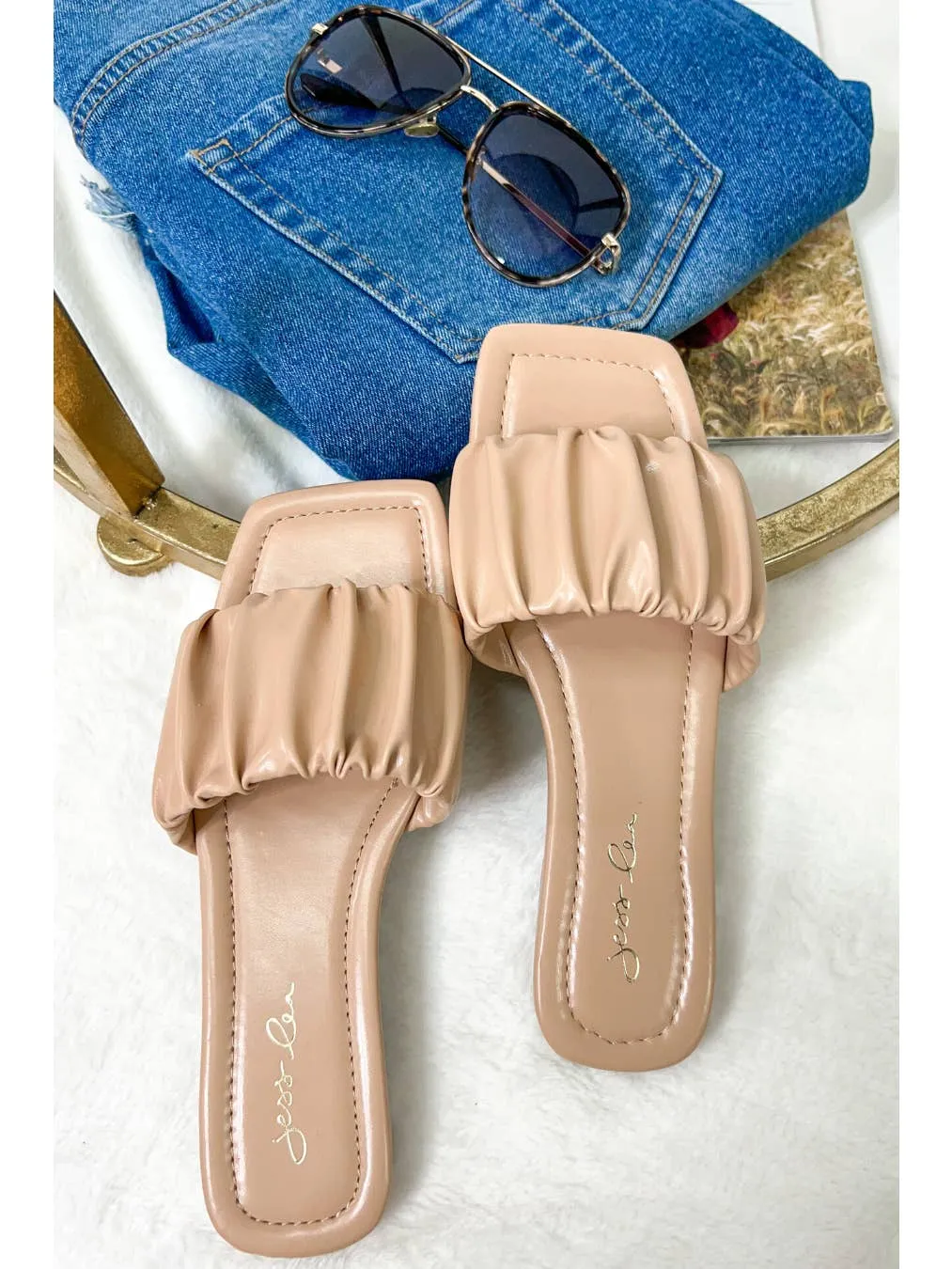 Nude Ruched Slip On Sandals
