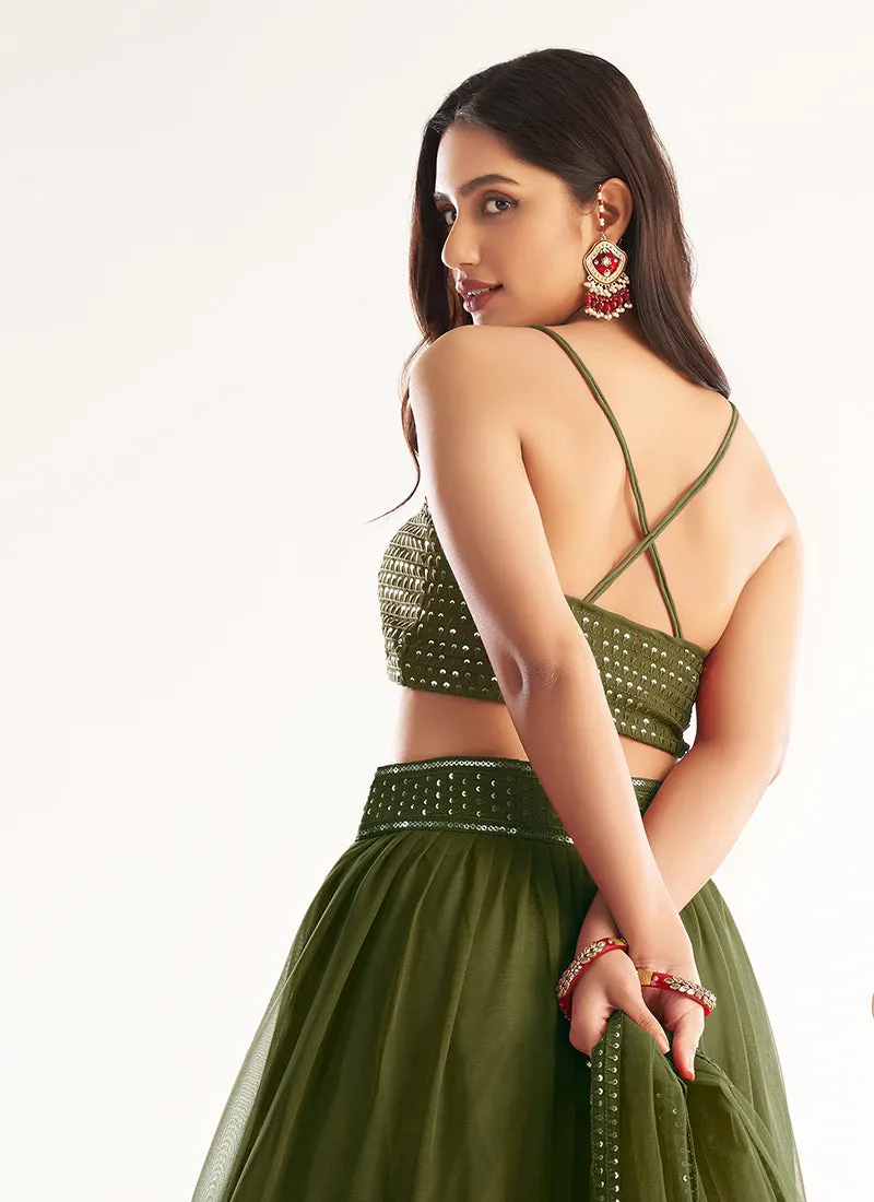 Olive Green Sequence Georgette Lehenga Choli