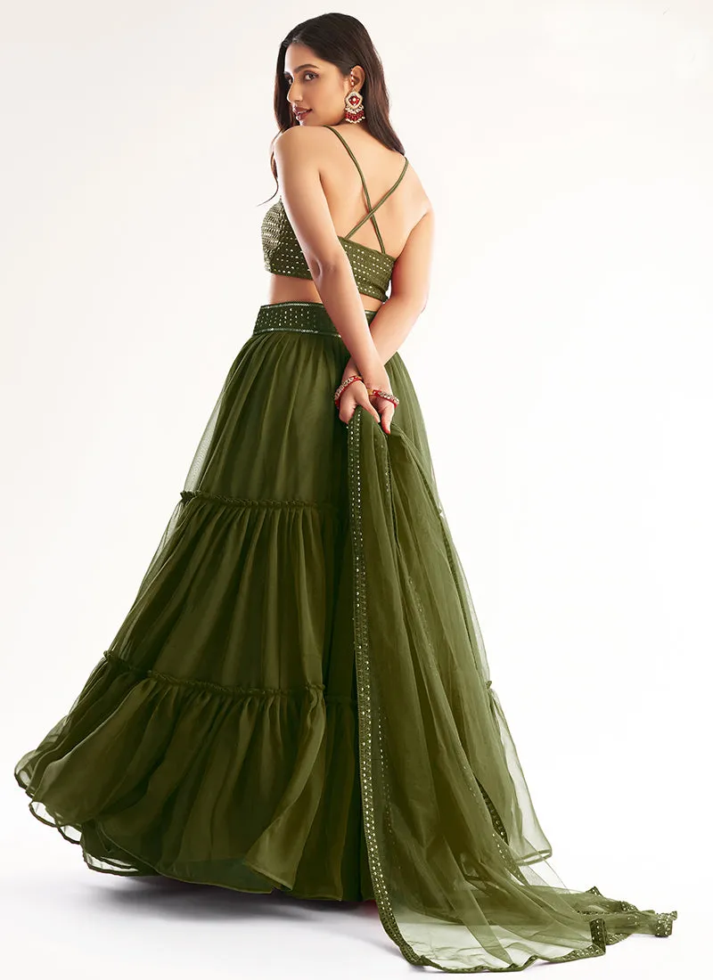 Olive Green Sequence Georgette Lehenga Choli