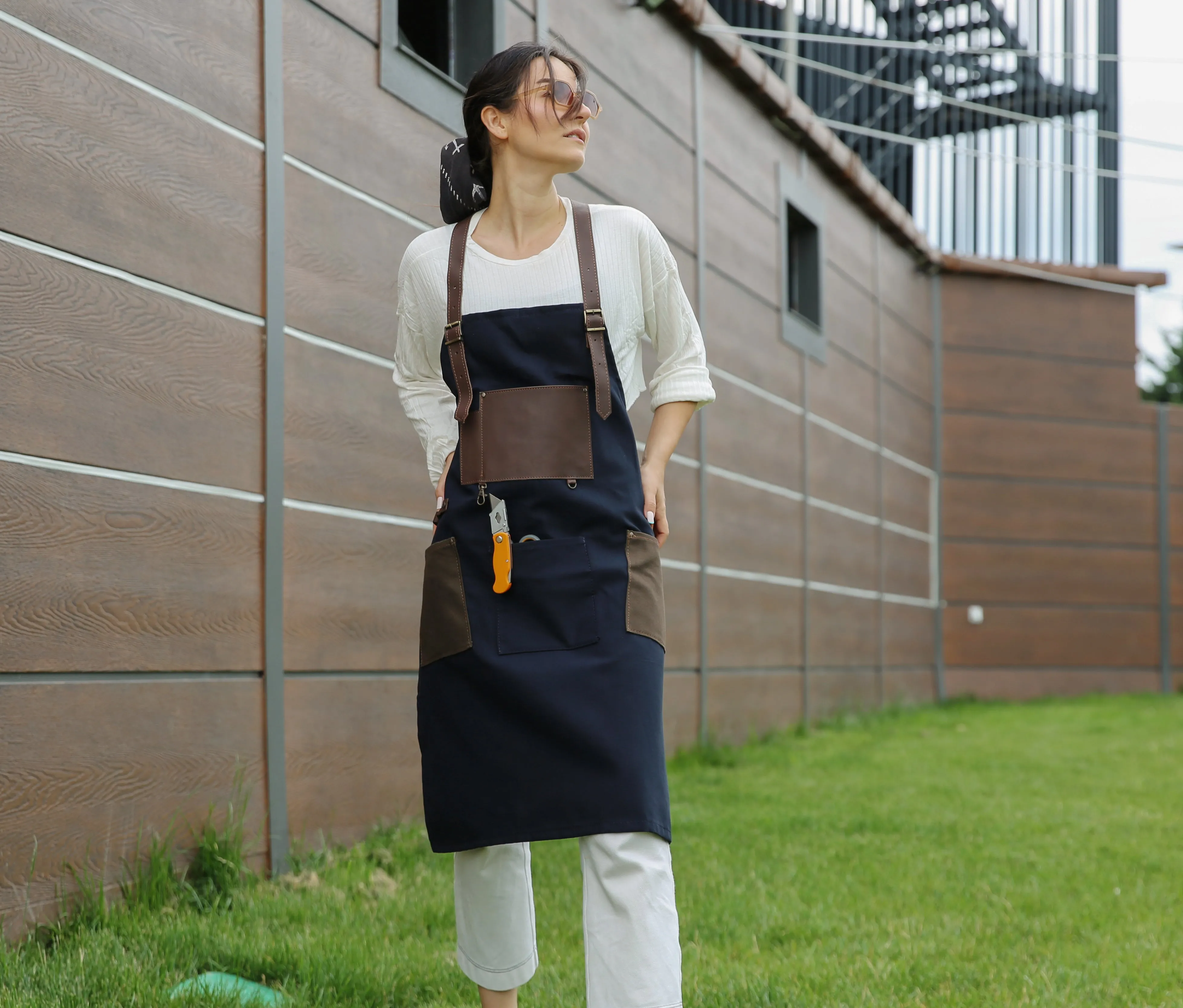 Personalized Handmade Canvas Apron with Adjustable Leather Strap