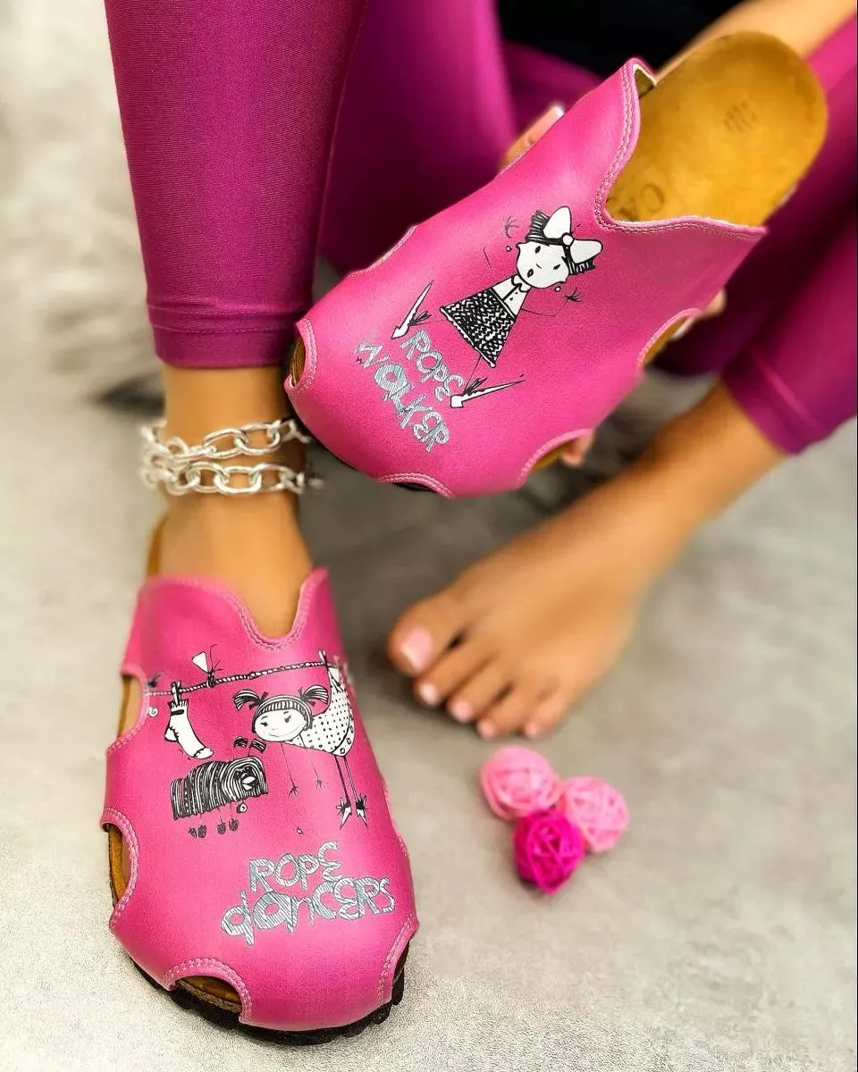 Pink Colored and Rope Dancer Written Black and White Colored Play Dancing Girl Patterned Clogs - WCAL607