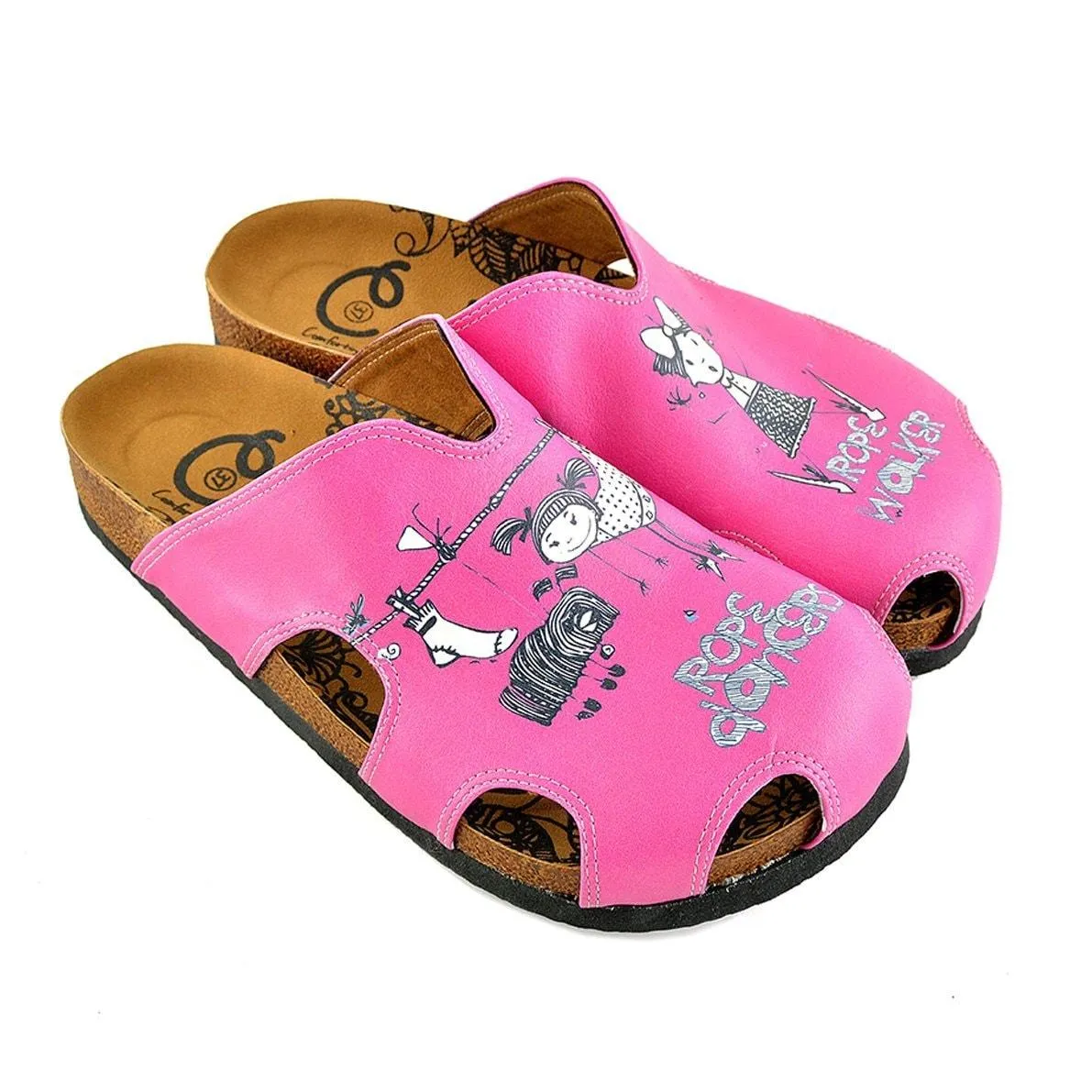 Pink Colored and Rope Dancer Written Black and White Colored Play Dancing Girl Patterned Clogs - WCAL607