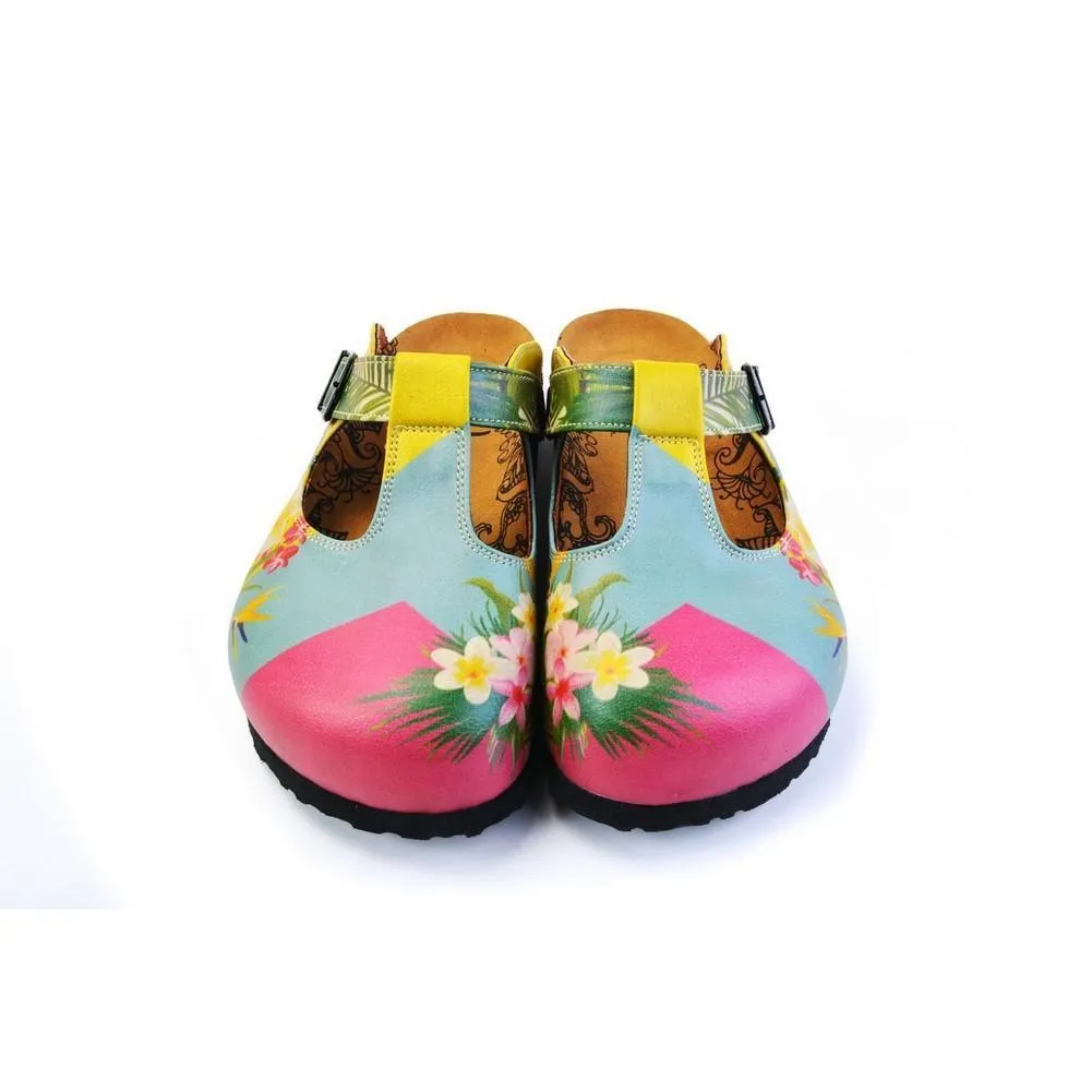 Pink, Light Blue, Yellow and Tropical Flowers Patterned Clogs - CAL1502