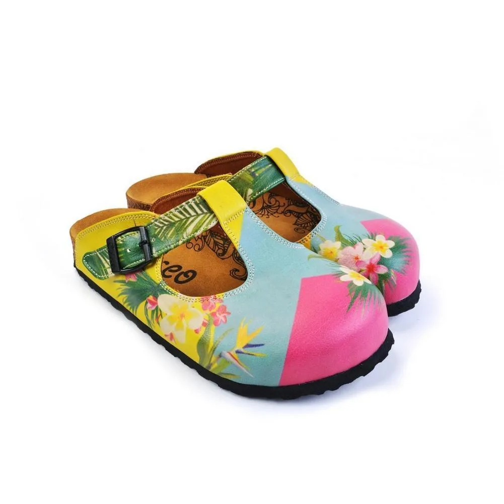 Pink, Light Blue, Yellow and Tropical Flowers Patterned Clogs - CAL1502