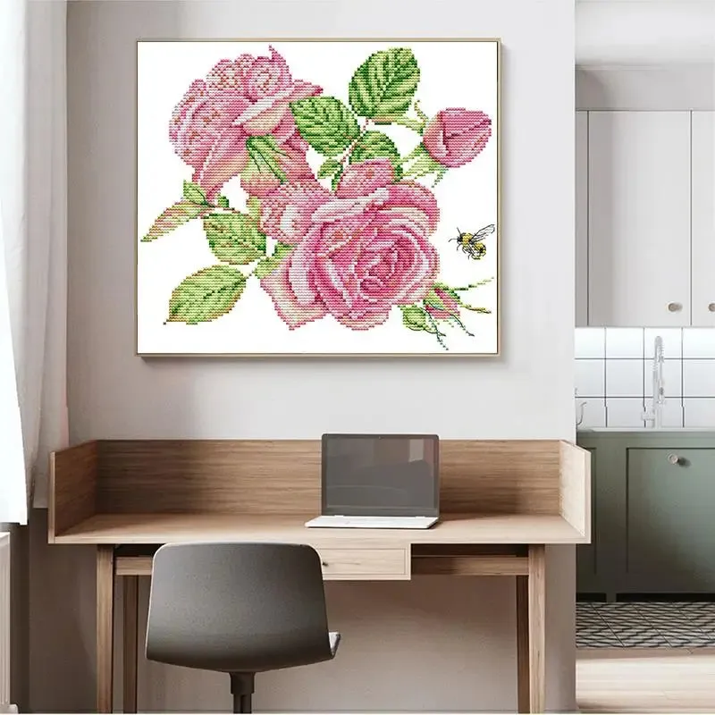 Pink Roses Flower Pattern Cross Stitch Kit – DIY Embroidery Craft for Home Decor