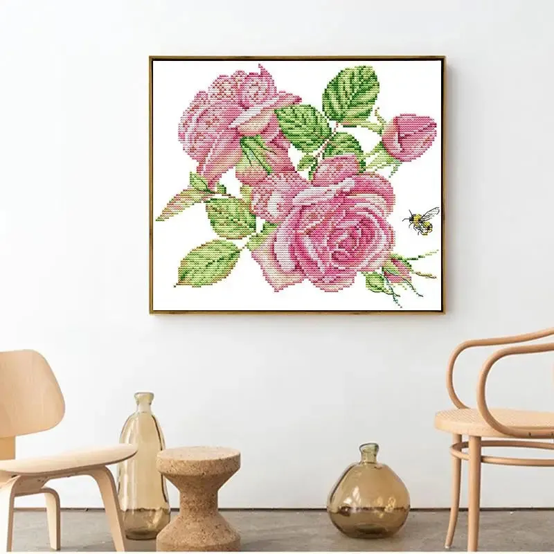 Pink Roses Flower Pattern Cross Stitch Kit – DIY Embroidery Craft for Home Decor