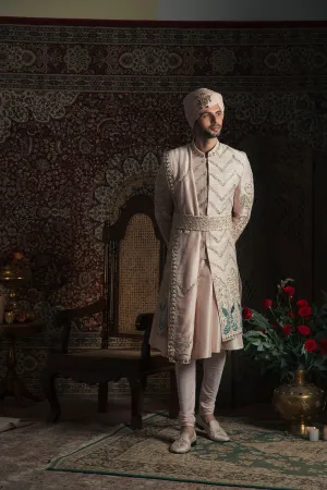 Powder Peach Peacock Sherwani Set